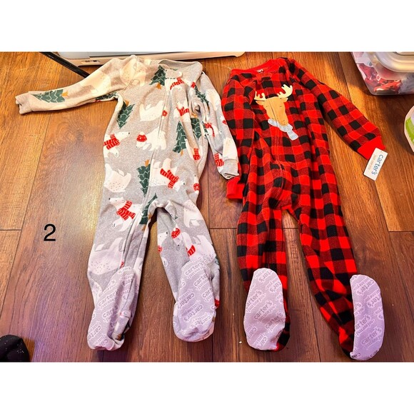 carter s 3t lot set of 2 fleece footed sleepers plaid christmas holiday nwt - Picture 1 of 5